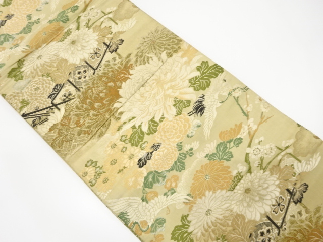 JAPANESE KIMONO / ANTIQUE MARU OBI / WOVEN CARNE WITH KIKU & UME